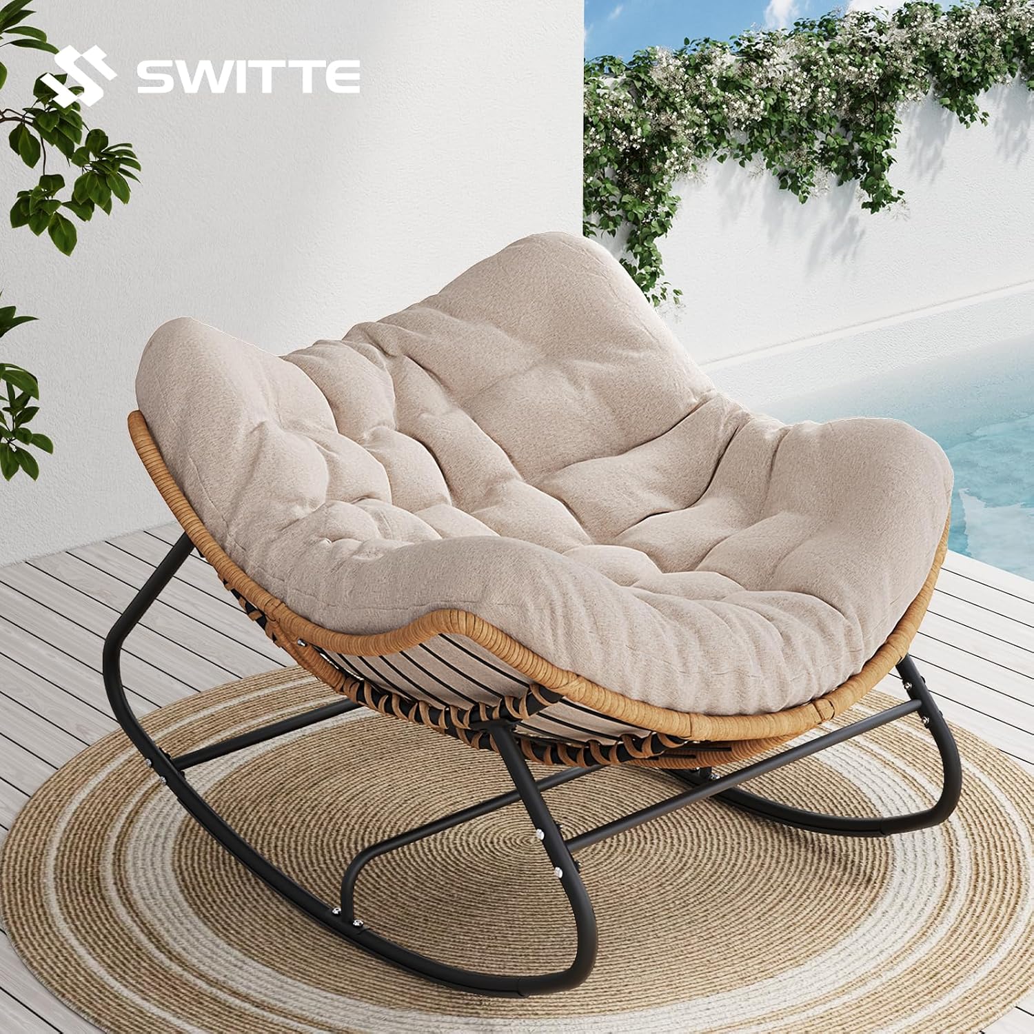 Outdoor Rocking Egg Chair, Indoor Papasan, Rattan Wicker Lounge, Modern Royal for Bedroom, Living Room, Porch, Garden, Lawn - Image 2