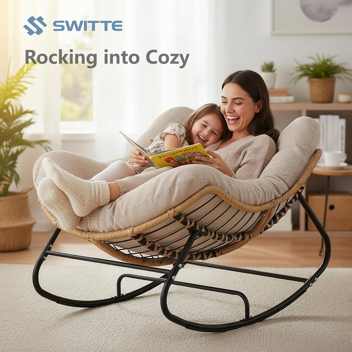 Outdoor Rocking Egg Chair, Indoor Papasan, Rattan Wicker Lounge, Modern Royal for Bedroom, Living Room, Porch, Garden, Lawn - Image 4