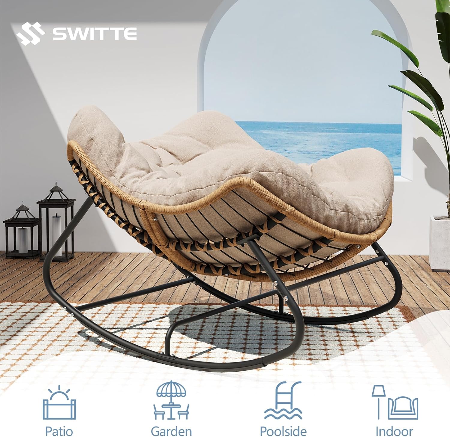 Outdoor Rocking Egg Chair, Indoor Papasan, Rattan Wicker Lounge, Modern Royal for Bedroom, Living Room, Porch, Garden, Lawn - Image 8